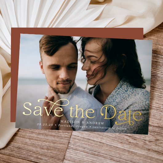 クラシック エレガンス 横長 写真付き Save the Date 箔招待状