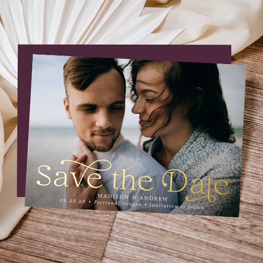 クラシック エレガンス 横長 写真付き Save the Date 箔招待状
