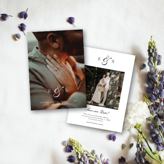 クラシック エレガント スクリプト モノグラム 両面写真 セーブザデート