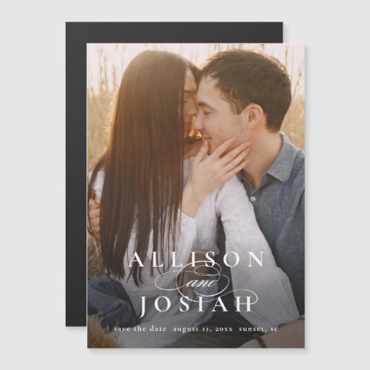 クラシック エレガント タイポグラフィー ネーム フォト ウェディング セーブ マグネット招待状 (正面/裏面)