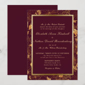 クラシック エレガント バーガンディ & ゴールド フラワー ウェディング 招待状 (正面/裏面)