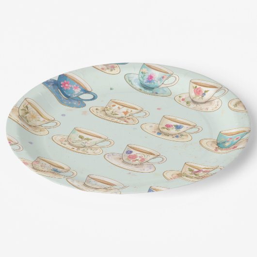 クラシック エレガント フラワーベージュ ヴィンテージ ティーカップ ペーパープレート (アングル)