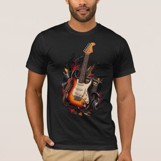 クラシック エレキギター & レコード Tシャツ (正面)