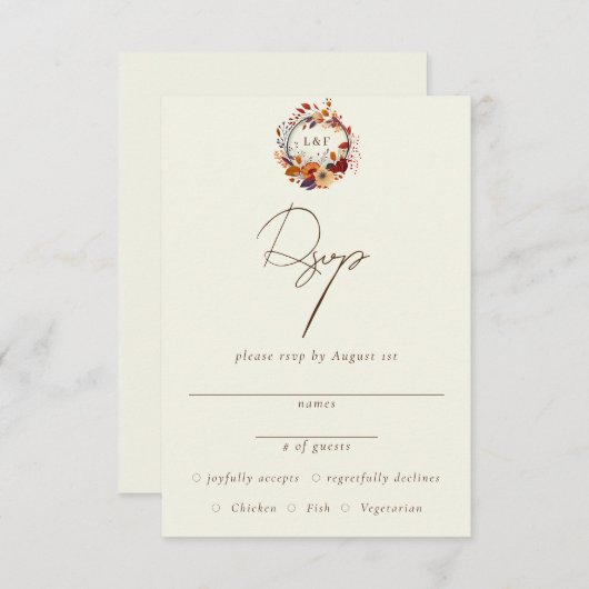 クラシック オータム ワイルドフラワー ネームイニシャル RSVP エンクロージャーカード (正面/裏面)