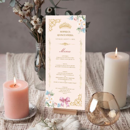 クラシック クラウン ピンク リボン キンセアニエラ カスタム メニュー カード