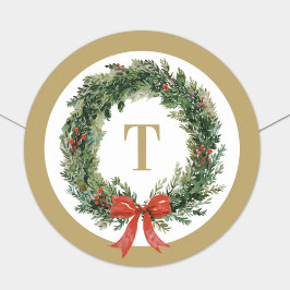 クラシック クリスマスリース ゴールド モノグラム イニシャル ラウンドシール