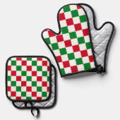 クラシック クリスマス チェッカーボード パターン 鍋つかみ&鍋敷きセット (正面/裏面)