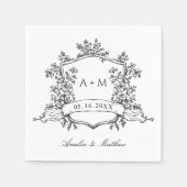 クラシック・クレスト・モノグラム 結婚式 ブラック&ホワイト スタンダードカクテルナプキン (正面)