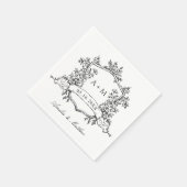 クラシック・クレスト・モノグラム 結婚式 ブラック&ホワイト スタンダードカクテルナプキン (角)