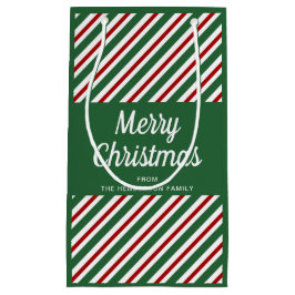 クラシック グリーンとレッドのストライプ メリークリスマス スモールペーパーバッグ