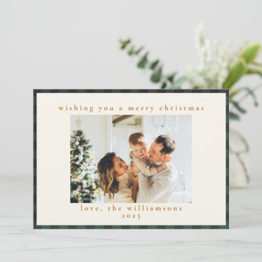 クラシック グリーン ブラックタータン 1 枚の写真 楽しい シーズンカード (スタンド正面)