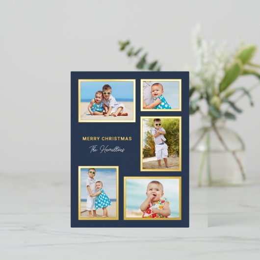 クラシック コラージュ 5 枚の写真 ネイビーブルー & ゴールド 箔シーズンポストカード (立ち正面)