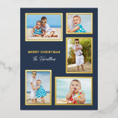 クラシック コラージュ 5 枚の写真 ネイビーブルー & ゴールド 箔シーズンポストカード (正面)