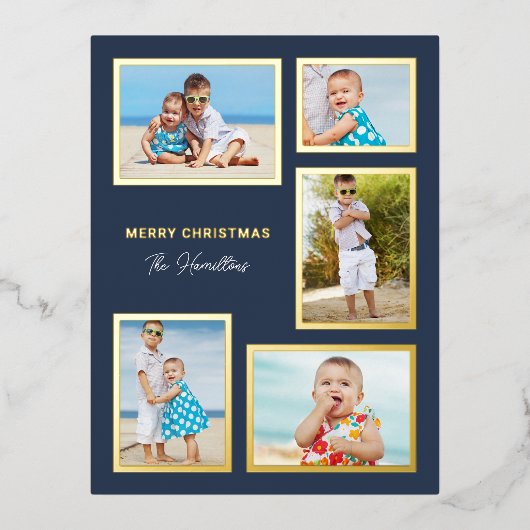 クラシック コラージュ 5 枚の写真 ネイビーブルー & ゴールド 箔シーズンポストカード (正面)