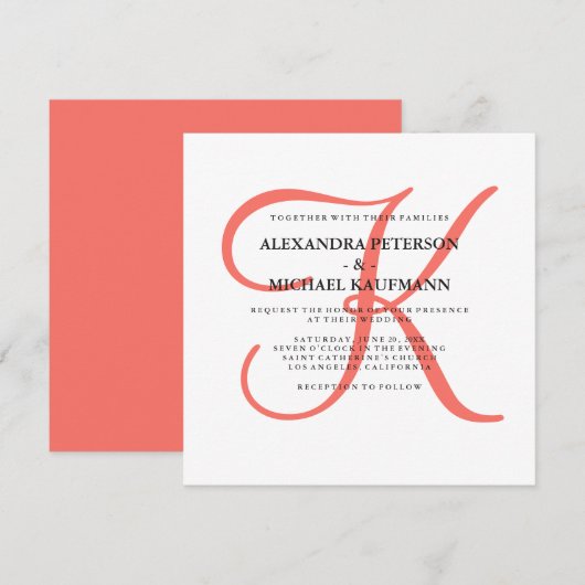 クラシック コーラル モノグラム ウェディング 招待状 (正面/裏面)