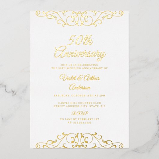 クラシック ゴールド スワール 結婚50周年記念 箔招待状 (正面)