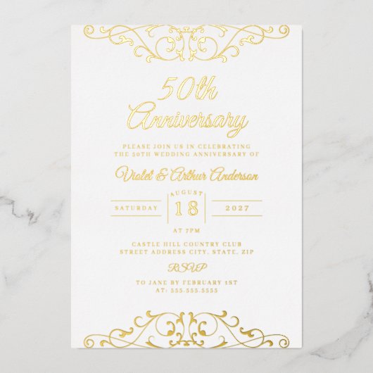 クラシック ゴールド ホワイト スワール 50周年 結婚記念日 箔招待状 (正面)