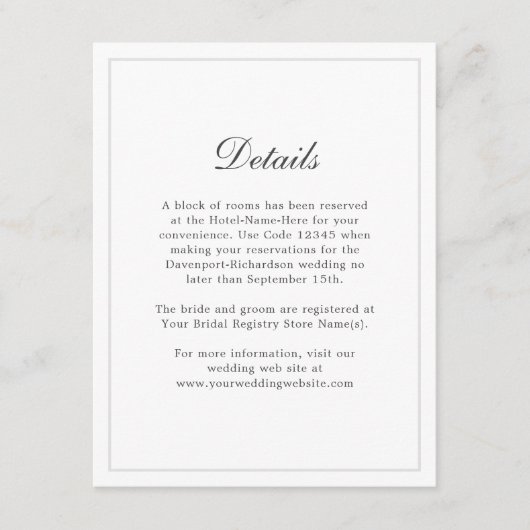 クラシック シンプル エレガント ウェディング 詳細情報 エンクロージャーカード (正面)