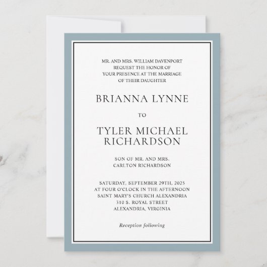 クラシック シンプル エレガント ダスティーブルー エッジ ウェディング 招待状 (正面)
