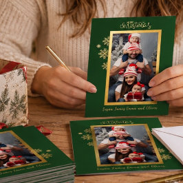 クラシック スノーフレーク グリーン ゴールド箔押し クリスマス 写真 箔シーズンカード