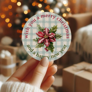 クラシック ターター チェック柄 ポインセチア クリスマスの花 フラワー メリークリスマス ラウンドシール