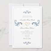 クラシック ダスティーブルー ゴールド ハート ウェディング 招待状 (正面)