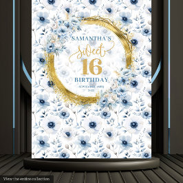 クラシック ダスティーブルー スイートシックスティーン ゴールド グリッター サイン タペストリー