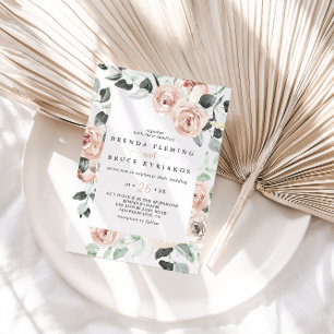 クラシック ダスティ ピンク ローズ フローラル カジュアル ウェディング 招待状