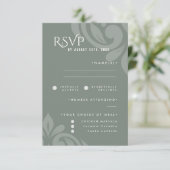 クラシック ダマスク柄 アースリーセージ ウェディングRSVP 写真 出欠カード (スタンド正面)