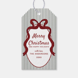 クラシック ダークグリーン ストライプ リボン フレーム クリスマス ギフトタグ