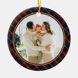クラシック・チェックのフォトクリスマス セラミックオーナメント