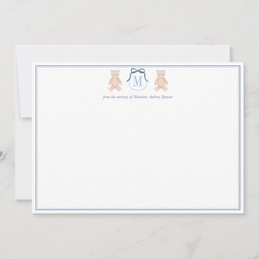 クラシック テディベア ブルーとホワイトのモノグラム 産院 サンキューカード (正面)