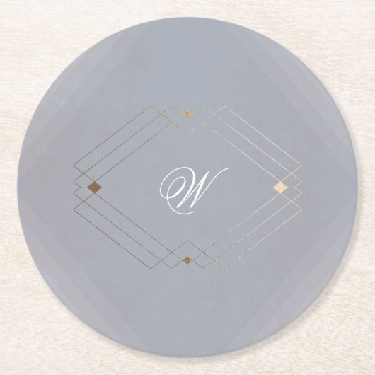 クラシック デコ ゴールド ヴィンテージ グレー カリグラフィー ウェディング ラウンドペーパーコースター (正面)