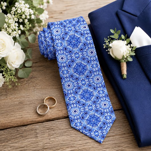 クラシック デルフトブルーの花柄アート デザイン ネクタイ