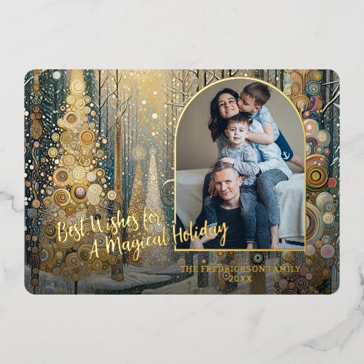 クラシック トレンディ アーティスティック ウィンター ワンダーランド アート ゴールド 箔シーズンカード (正面)