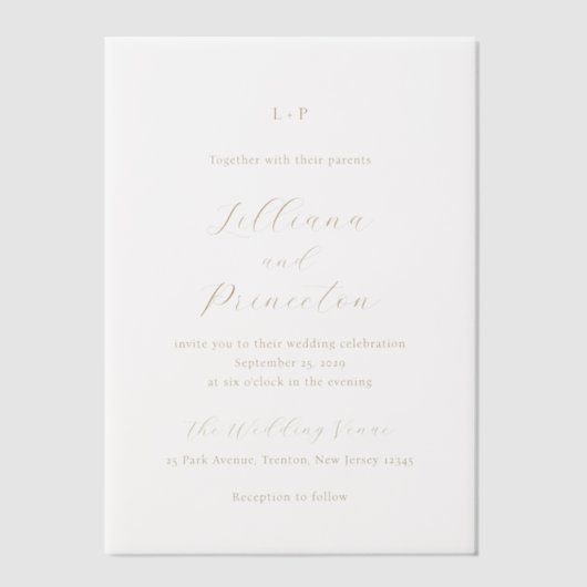 クラシック ニュートラル モノグラム エレガント ウェディング ベラム紙招待状 (正面)