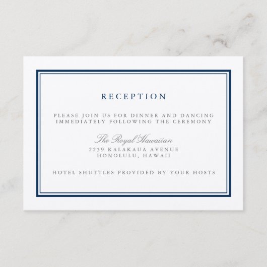 クラシック ネイビーとホワイトの結婚式の披露宴 エンクロージャーカード (正面)