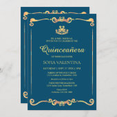 クラシック ネイビーブルー ゴールドのキンセアニエラ 招待状 (正面/裏面)