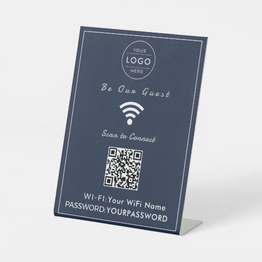 クラシック ネイビーブルー QRコード WiFiサイン 台座サイン (正面)