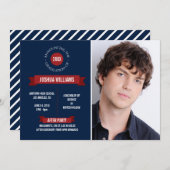 クラシック バナー ネイビー/レッド 卒業発表 案内状 (正面/裏面)