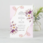 クラシック ビューティフル パープル ロータス & カラー インク ウェディング 招待状 (スタンド正面)