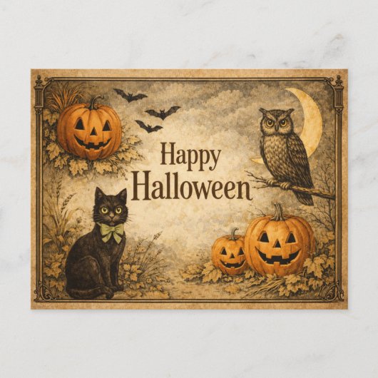 クラシック ビンテージ 秋の収穫 ハロウィン シーズンポストカード (正面)