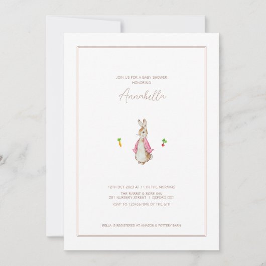 クラシック ピンク ピーターうさぎ ビアトリックス ベビーシャワー 招待状 (正面)