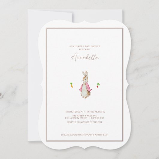クラシック ピンク ピーターうさぎ ビアトリックス ベビーシャワー 招待状 (正面)