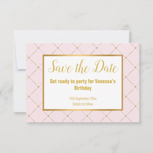 クラシック ピンク ホワイト ゴールド ダイヤモンド  セーブ・ザ・デート 出欠カード (正面)