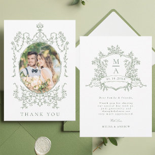 クラシック フラワー フレーム 結婚式 写真 サージブルー サンキューカード