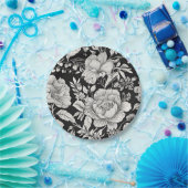 クラシック フラワー ブラック アンド ホワイト ヴィンテージ ペーパープレート (パーティー)