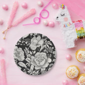 クラシック フラワー ブラック アンド ホワイト ヴィンテージ ペーパープレート (パーティー)