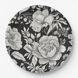 クラシック フラワー ブラック アンド ホワイト ヴィンテージ ペーパープレート