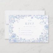 クラシック フレンチ ブルー ホワイト フローラル ウェディング 出欠カード (正面)